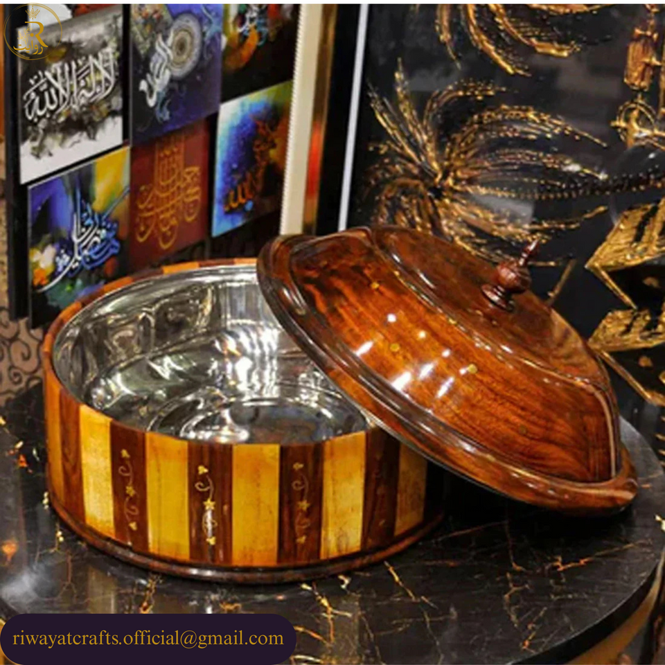 Handcrafted Wooden Roti Hotpot with Brass Work (With Steel Bowl)