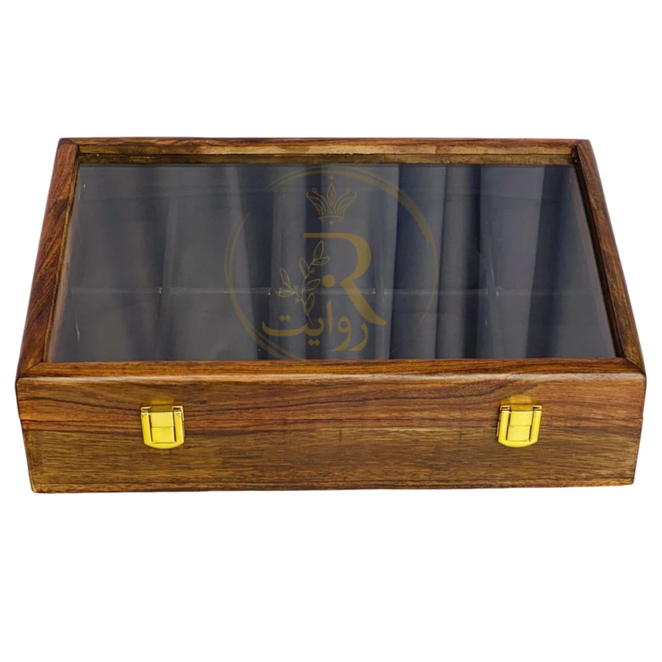 Handcrafted 10-Section Wooden Watch Box – Black Velvet Interior with Glass Display Top