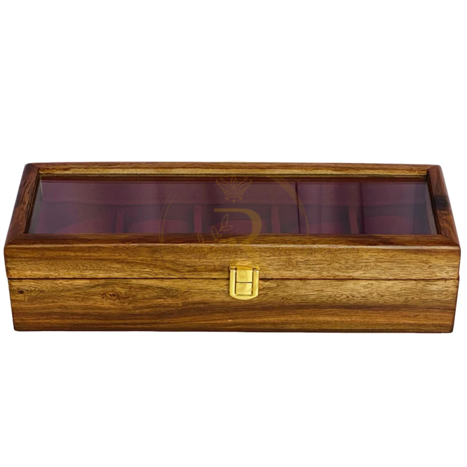 Handcrafted 5-Section Wooden Watch Box – Red Velvet Lined with Glass Top