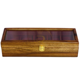 Handcrafted 5-Section Wooden Watch Box – Red Velvet Lined with Glass Top