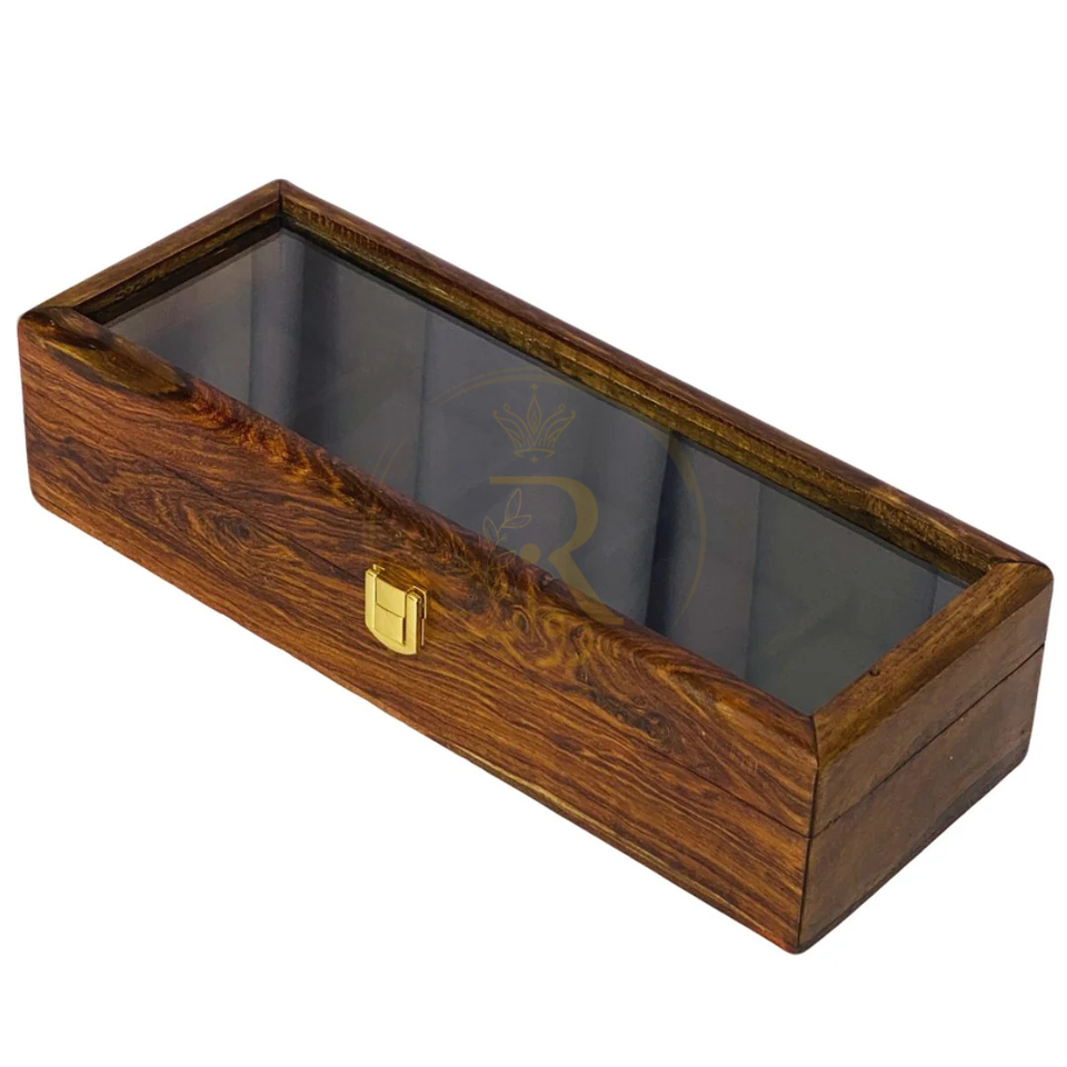 Handcrafted 5-Section Wooden Watch Box – Black Velvet Interior with Glass Display Top