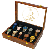 Handcrafted 10-Section Wooden Watch Box – Black Velvet Interior with Glass Display Top