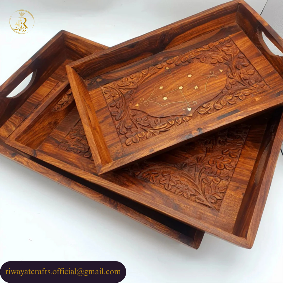 Hand-Carved Wooden Serving Tray Set of 3
