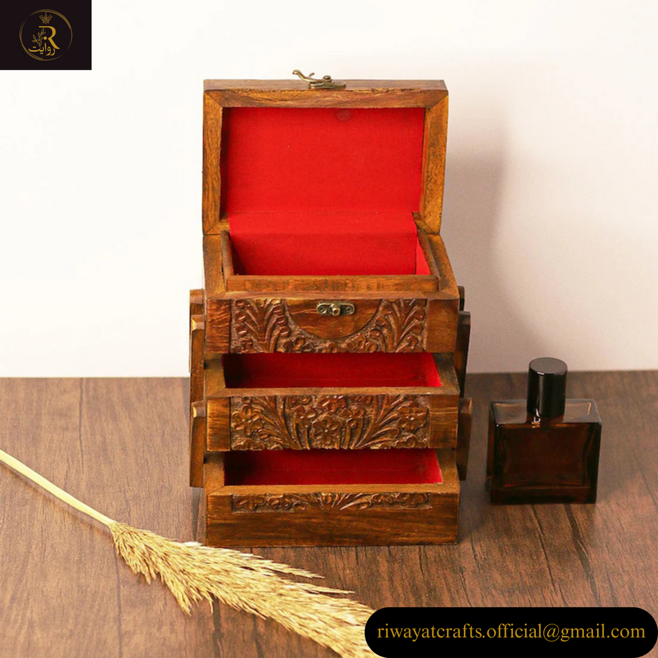 3-Step Kashmiri Carving Wooden Jewelry Box