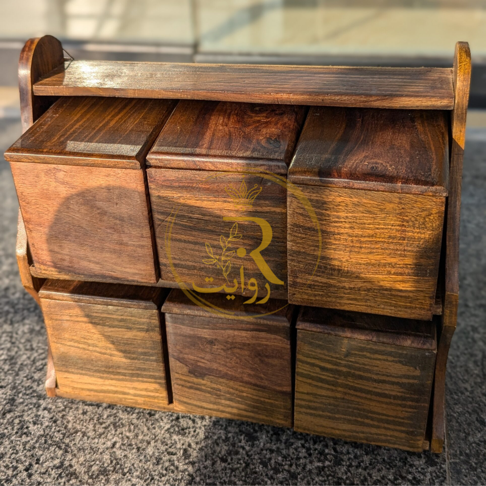 Handcrafted Wooden Masala Box – 6 Compartments | Premium Spice Organizer
