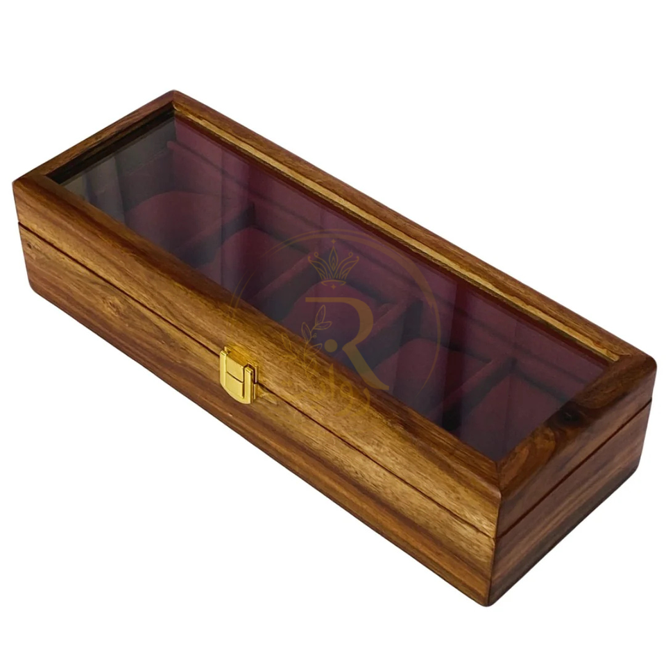 Handcrafted 5-Section Wooden Watch Box – Red Velvet Lined with Glass Top