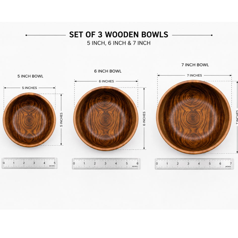 Set of 3 Single Wooden Bowls Without Polish – 5, 6 & 7 Inch