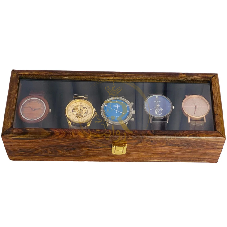 Handcrafted 5-Section Wooden Watch Box – Black Velvet Interior with Glass Display Top