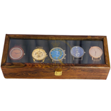 Handcrafted 5-Section Wooden Watch Box – Black Velvet Interior with Glass Display Top