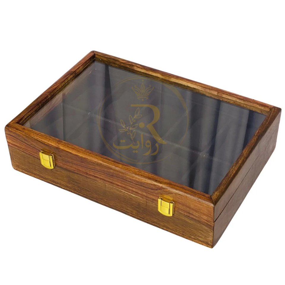 Handcrafted 10-Section Wooden Watch Box – Black Velvet Interior with Glass Display Top