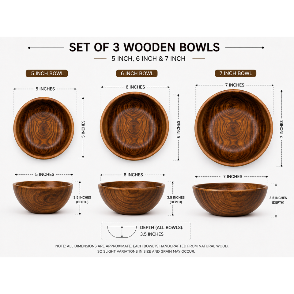 Set of 3 Single Wooden Bowls With Polish – 5, 6 & 7 Inch