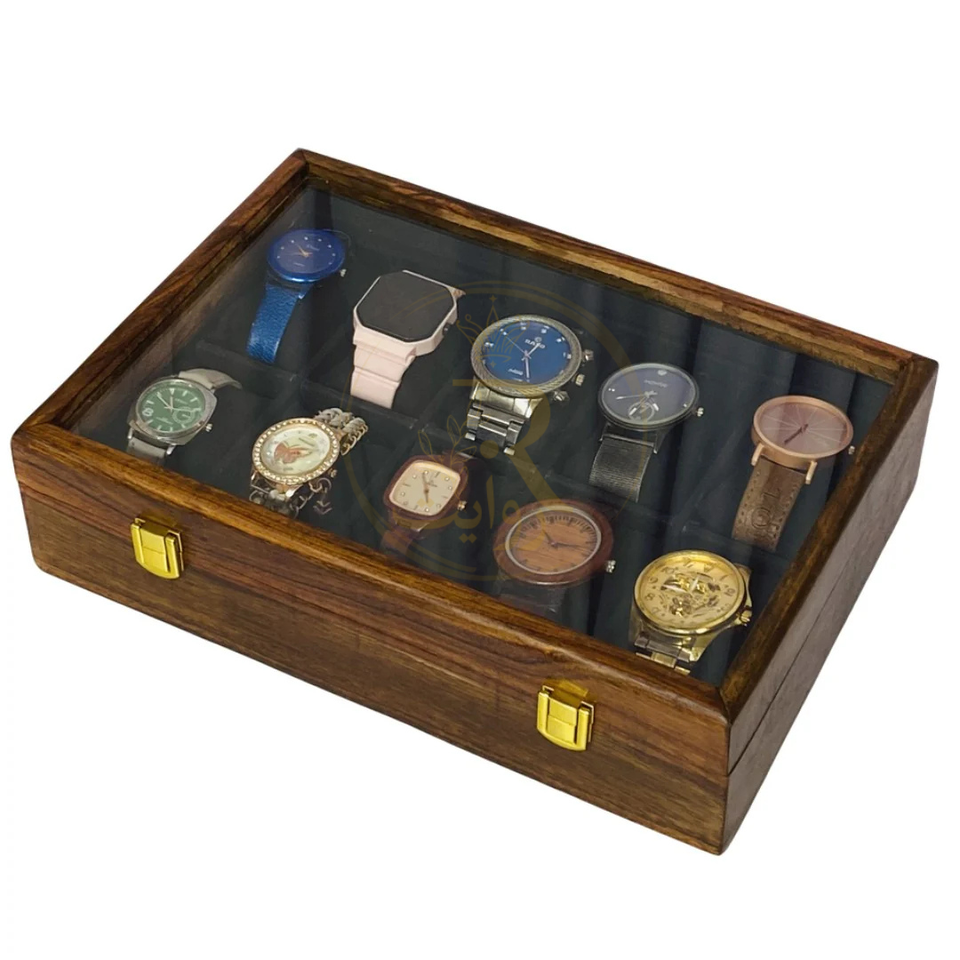 Handcrafted 10-Section Wooden Watch Box – Black Velvet Interior with Glass Display Top