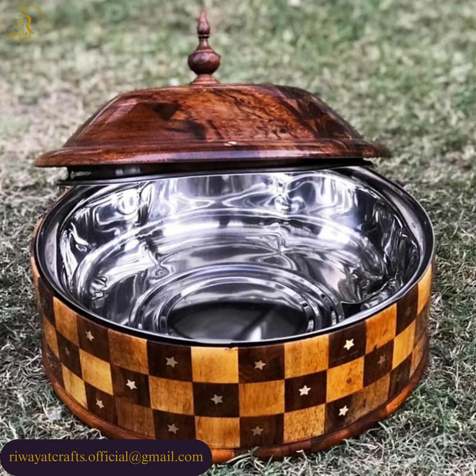 Handcrafted Wooden Roti Hotpot with Brass Work (With Steel Bowl)