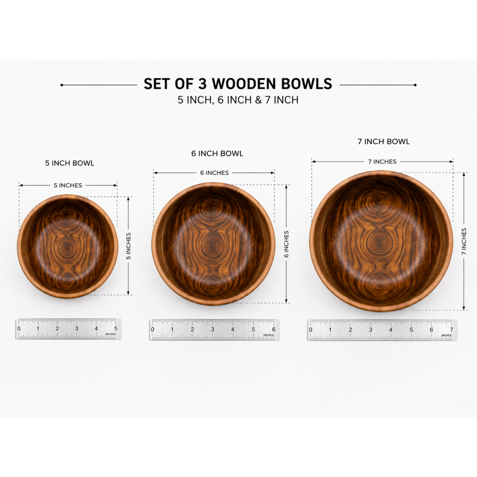 Set of 3 Single Wooden Bowls With Polish – 5, 6 & 7 Inch