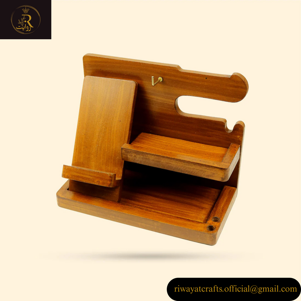 Wooden MDF Desk Organizer – Phone Docking & Key Holder Stand