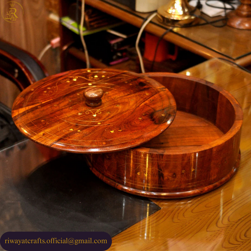 Handcrafted Wooden Roti Hotpot with Brass Work (No Steel Bowl)