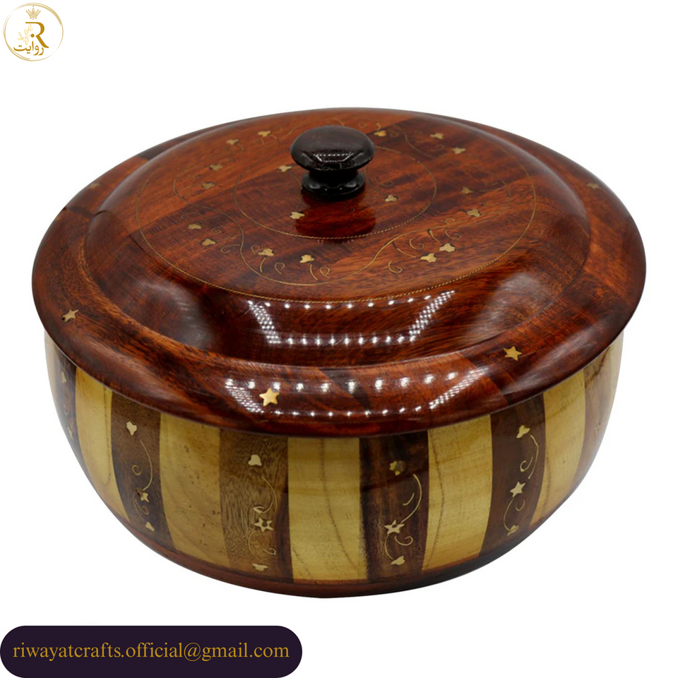 Handcrafted Wooden Roti Hotpot with Brass Work (No Steel Bowl)