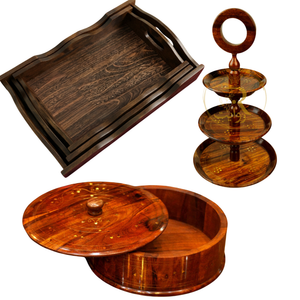 Deal 5 – Handcrafted Wooden Hotpot, Tray Set &amp; 3-Tier Cake Stand