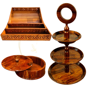 Deal 5 – Handcrafted Wooden Hotpot (Without Steel Bowl), Lightweight Tray Set of 3 & 3-Tier Wooden Cake Stand