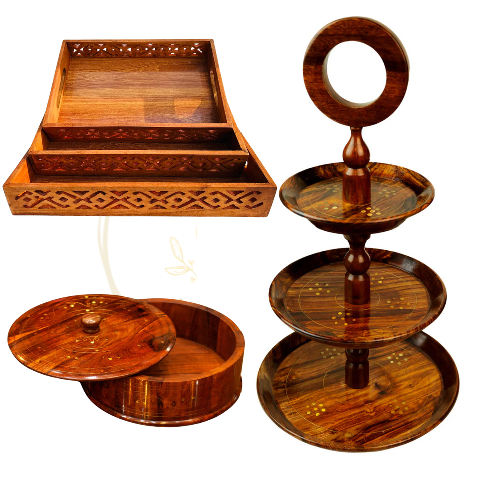 Deal 5 – Handcrafted Wooden Hotpot (Without Steel Bowl), Lightweight Tray Set of 3 & 3-Tier Wooden Cake Stand