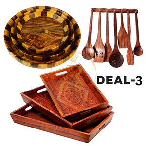 DEAL-3  Tray Set of 3, Wooden Plates, and 8-Piece Cooking Spoon Set