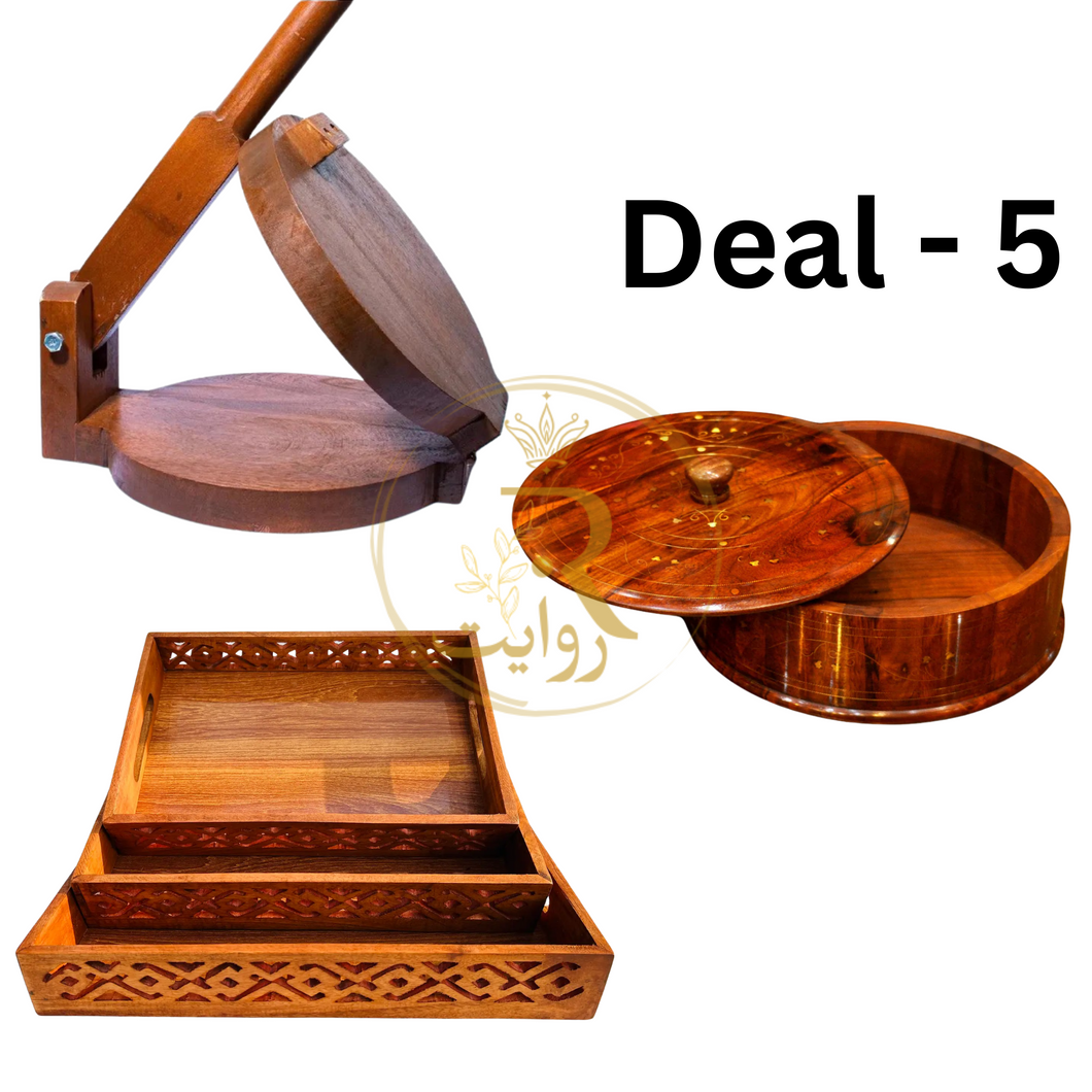 Deal-5 | Handcrafted Wooden Hotpot (Without Steel Bowl) + Lightweight Tray Set of 3 + Wooden Roti Maker