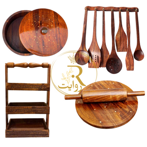 Deal 6 – Premium Wooden Hotpot (Without Steel Bowl) with Chakla Balan, Spoon Stand & 8-Piece Wooden Spoon Set
