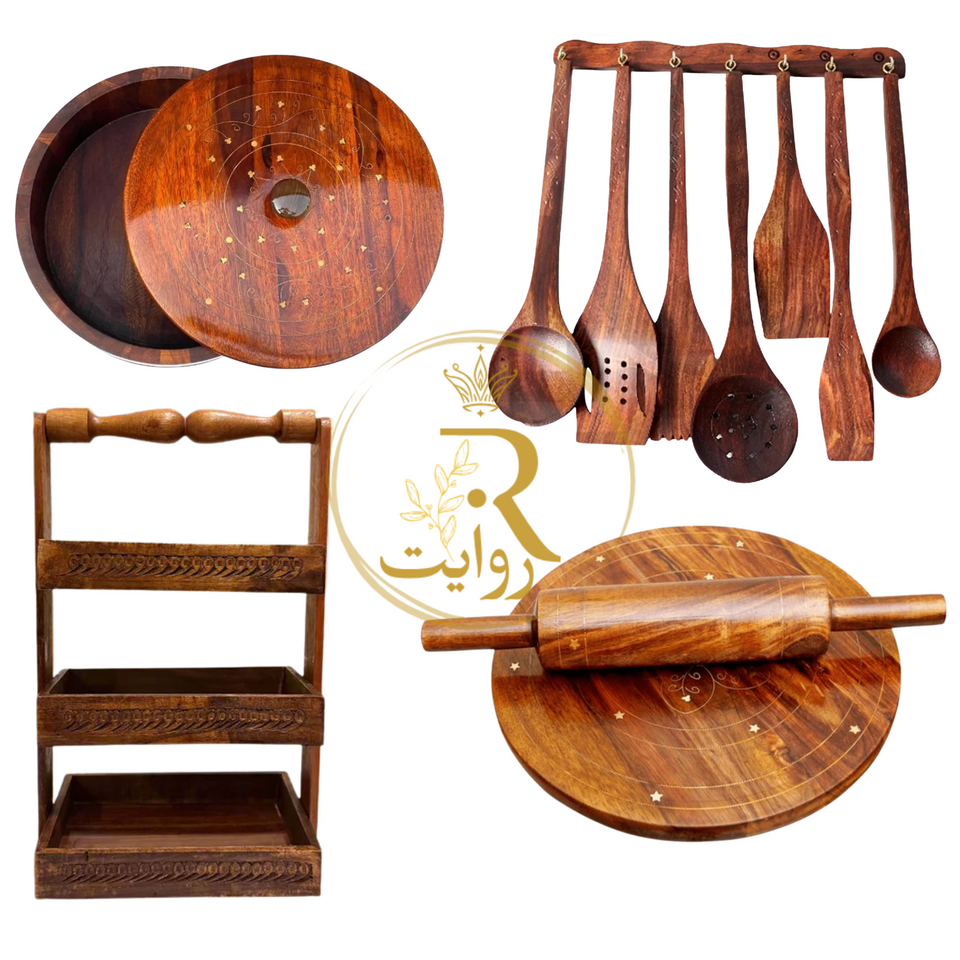 Deal 6 – Premium Wooden Hotpot (Without Steel Bowl) with Chakla Balan, Spoon Stand & 8-Piece Wooden Spoon Set